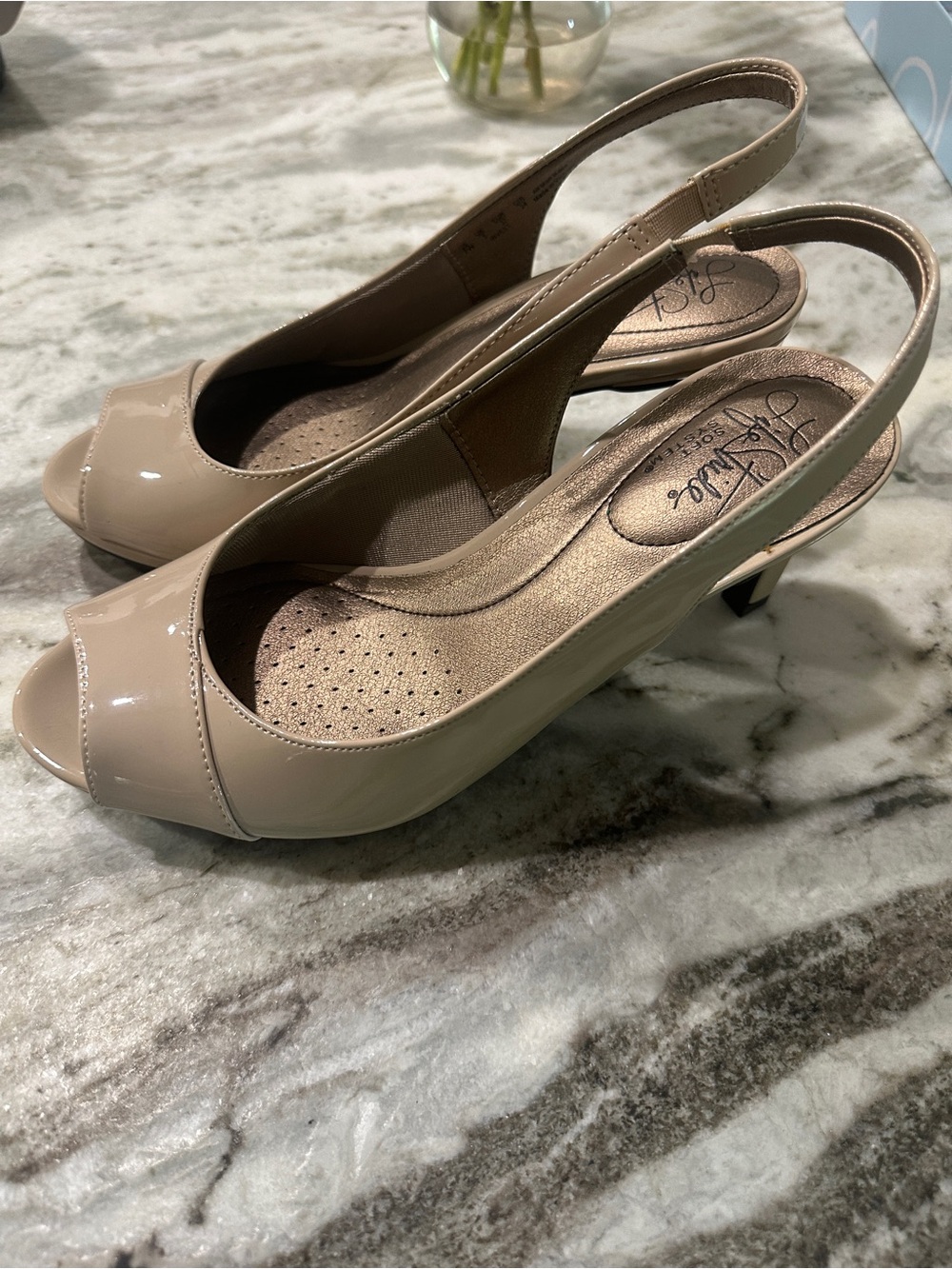 LifeStride Invest Taupe Patent Peep-Toe Slingback Heels - Picture 3 of 6